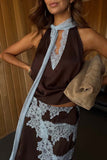 Lace-Trim Tie Neck Skirt Set