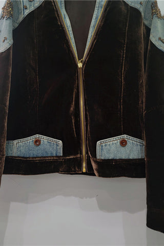 Embellished Denim Patch Velvet Jacket