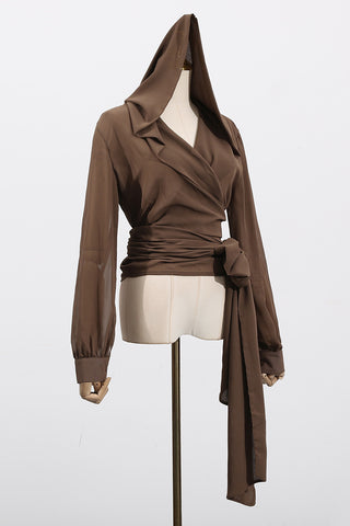 Wrap Hooded Blouse with Tie Waist