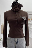 Button-Up High Collar Shirt with Pocket