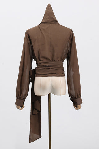 Wrap Hooded Blouse with Tie Waist