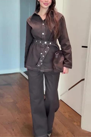 Versatile Belted Denim Pants Set