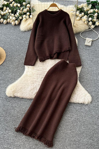 Ribbed Frayed Hem Skirt Set