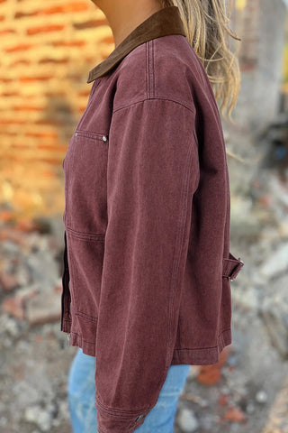 Corduroy Collar Zipped Denim Jacket