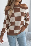 Open-Shoulder Checkered Sweater