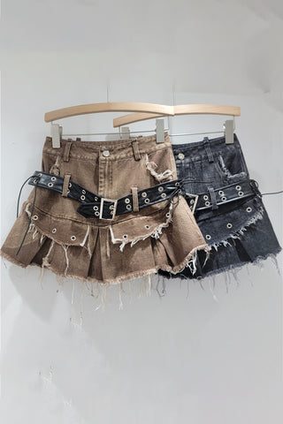 Distressed Mini Skirt with Belt