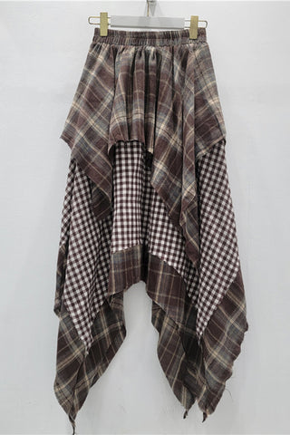 Draped Plaid Maxi Skirt with Asymmetric Hem