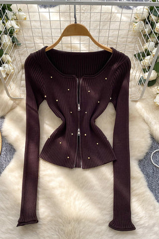 Zip-Front Long Sleeve Top with Studs