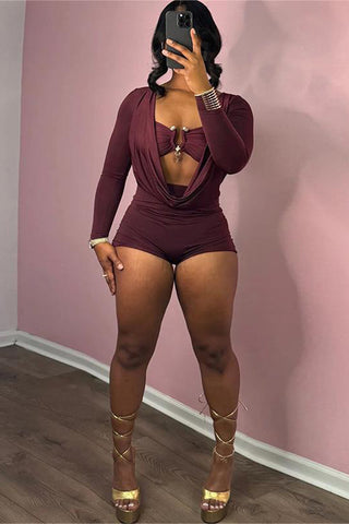 Draped Front Long Sleeve Romper