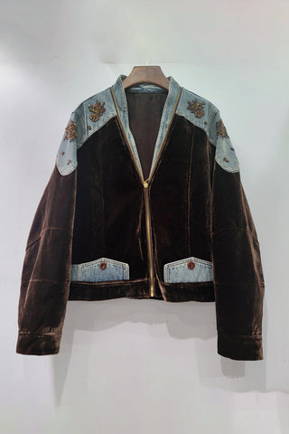 Embellished Denim Patch Velvet Jacket