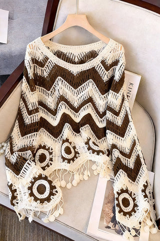 Zigzag Pattern Sweater with Tassels