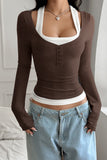 Layered Button-Front Long Sleeve Top