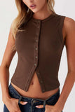 Button-Front Sleeveless Crop Top