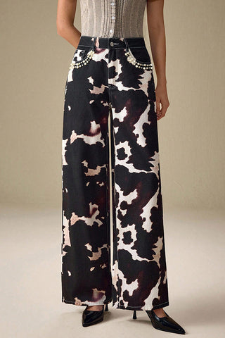 Patterned Straight-Leg Denim Pants