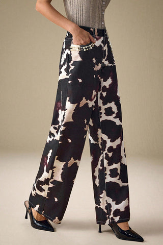 Patterned Straight-Leg Denim Pants