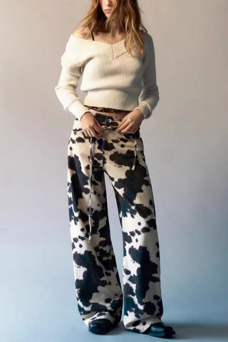 Animal Print Wide-Leg Casual Pants