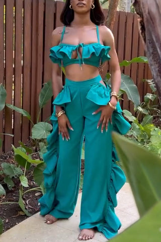 Ruffled Crop Top and Wide-Leg Pant Set