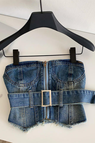 Belted Zip-Front Denim Bustier