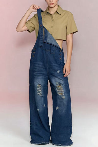 Distressed Denim Jumpsuit with Straps