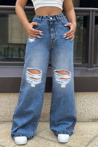 Distressed High-Waist Straight Jeans
