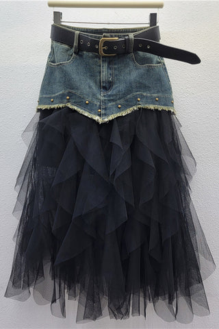 Denim Overlay Tulle Maxi Skirt