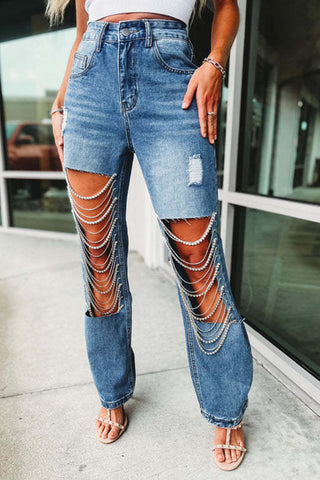 Chain Embellished Distressed Denim Jeans