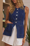 Sleeveless Button-Front Denim Top