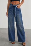 Wide-Leg Straight Jeans with Belt Detail