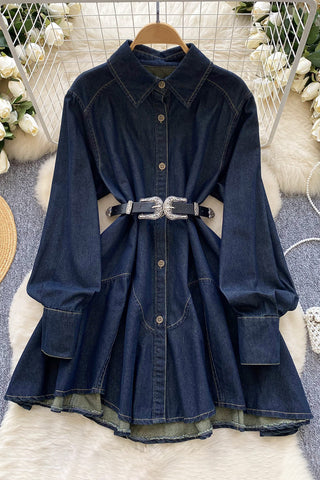 Buttoned Denim Dress with Belt