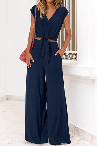 Tie-Front V-Neck Wide-Leg Pants Set