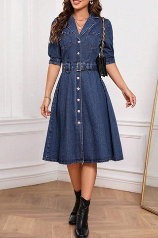 Half Sleeve Belted Denim Dress
