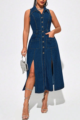 Sleeveless Button Denim Midi Dress