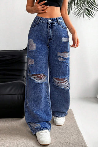 Distressed Wide-Leg Straight Jeans