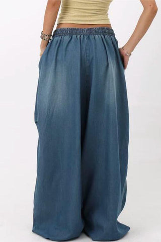 Elastic-Waist Wide Leg Denim Pants