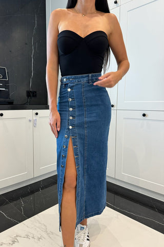 Button-Front Denim Midi Skirt