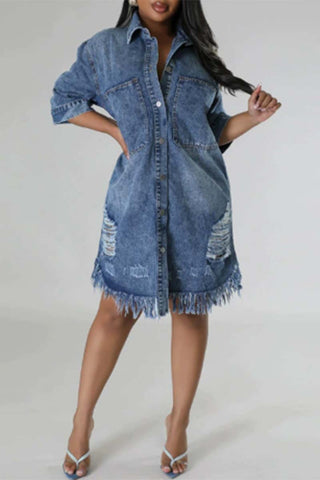 Distressed Button-Front Denim Dress