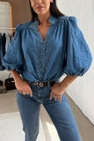 Button-Front Puff Sleeve Denim Blouse
