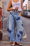 Heart Patterned Wide-Leg Jeans