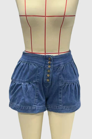 Button-Front Tiered Denim Shorts