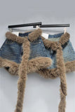 Fur-Trimmed Denim Casual Shorts