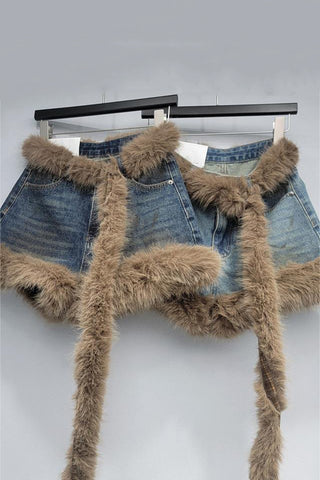 Fur-Trimmed Denim Casual Shorts
