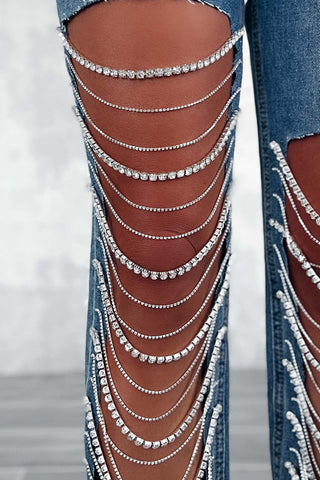 Chain Embellished Distressed Denim Jeans