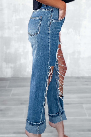 Chain Embellished Distressed Denim Jeans
