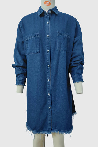 Vintage Frayed-Hem Denim Shirt Dress