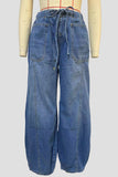 Wide-Leg Denim Pants with Drawstring