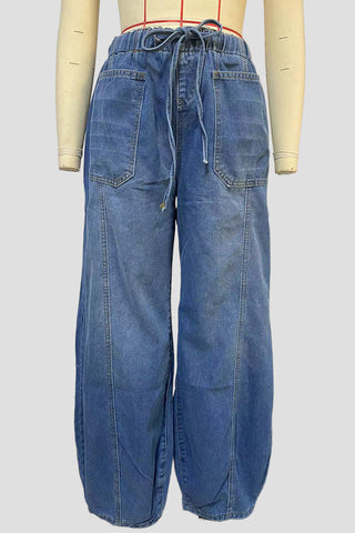 Wide-Leg Denim Pants with Drawstring