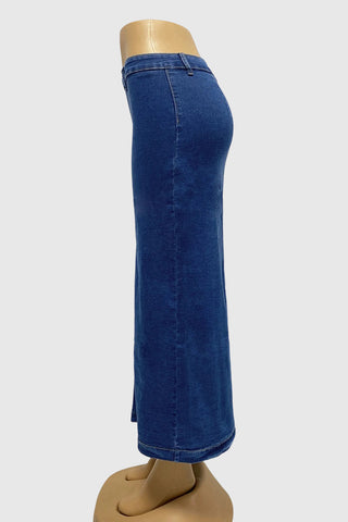 Button-Front Denim Midi Skirt