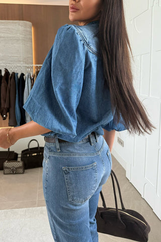 Button-Front Puff Sleeve Denim Blouse