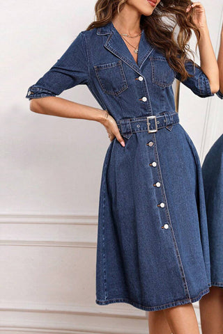 Half Sleeve Belted Denim Dress