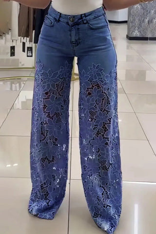 Lace Cutout Flare Denim Pants